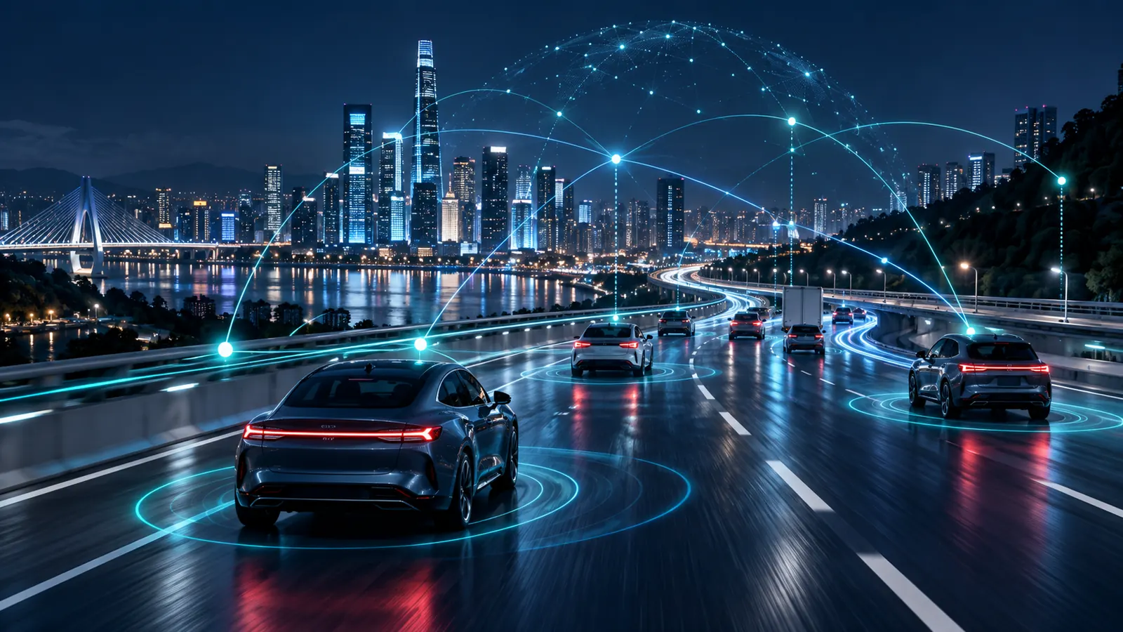 Cars on a city highway at night connected by a network of light